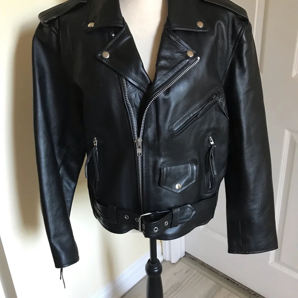 Shaf Black Motorcycle Biker Leather Jacket Men’s Size 42 NWOT Belted - Picture 1 of 14